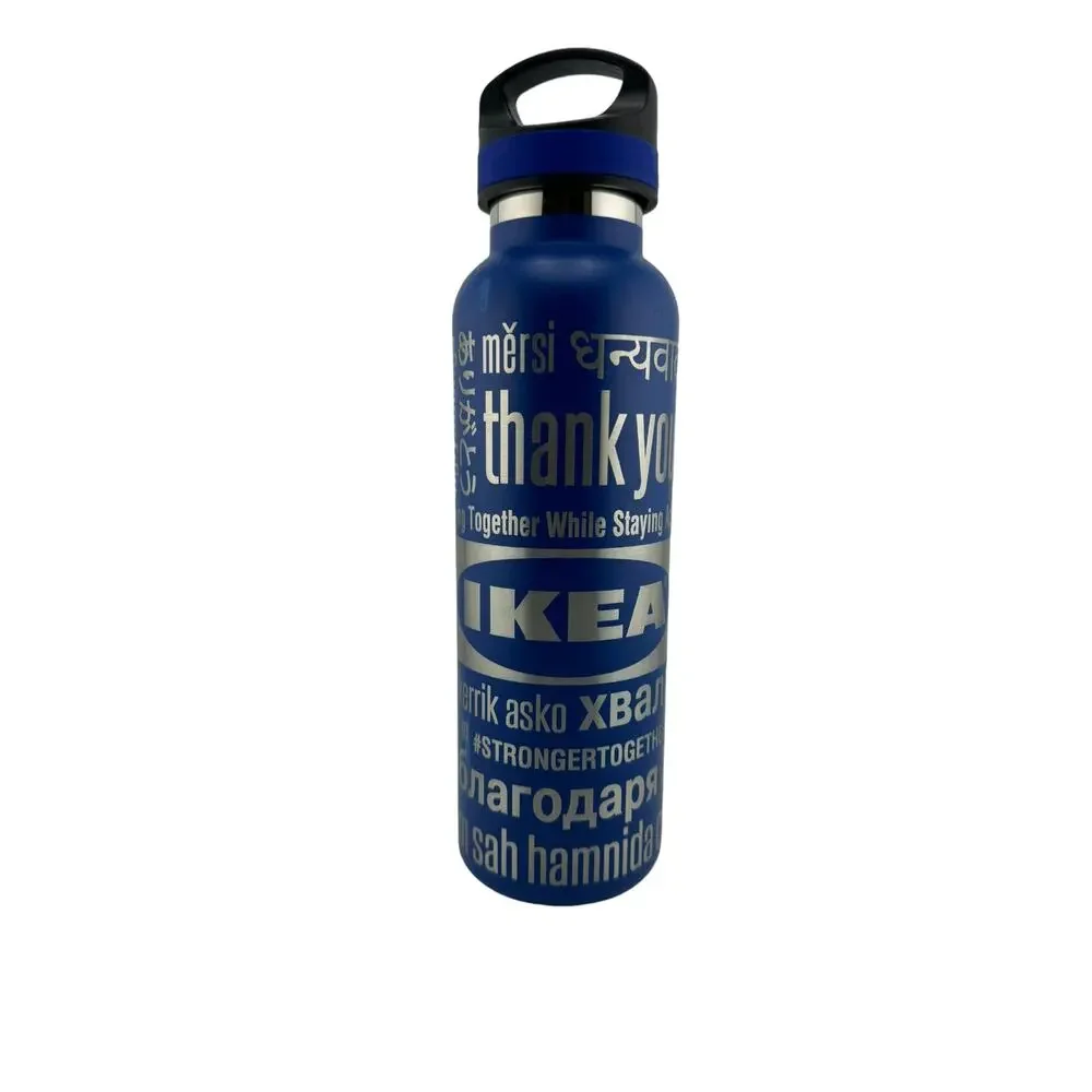 IKEA Insulated Water Sports Bottle Blue with Silver Lettering 